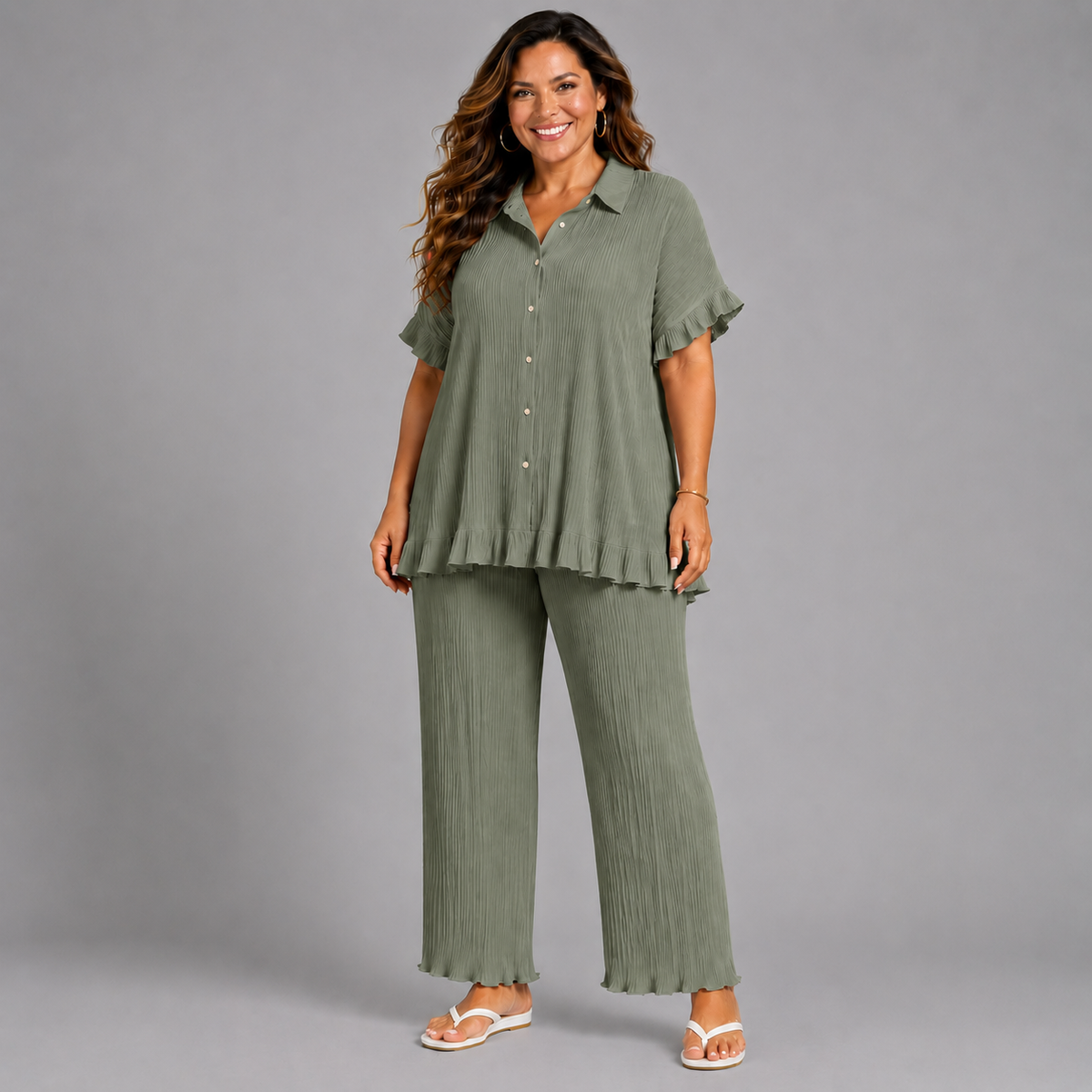 Pleated 2 Piece Outfit Set with Frilled Hem