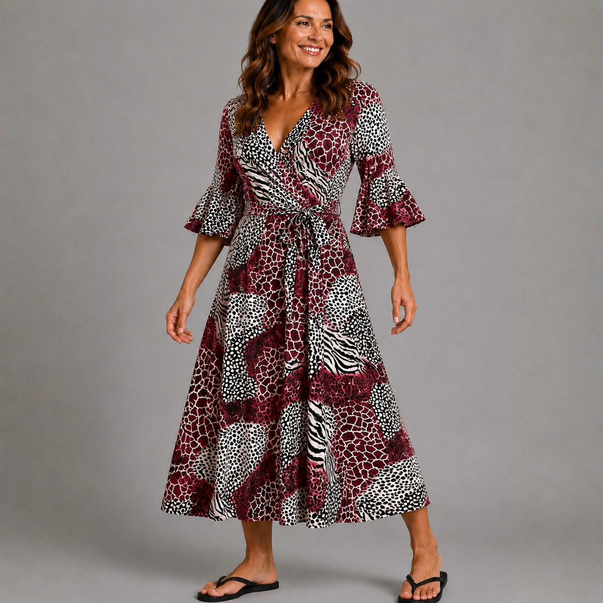 Leopard Patch print V-neck Dress with belt tie