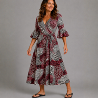 Leopard Patch print V-neck Dress with belt tie
