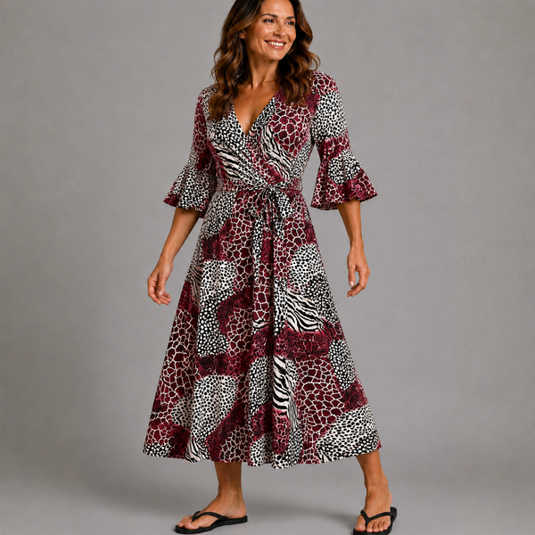 Leopard Patch print V-neck Dress with belt tie