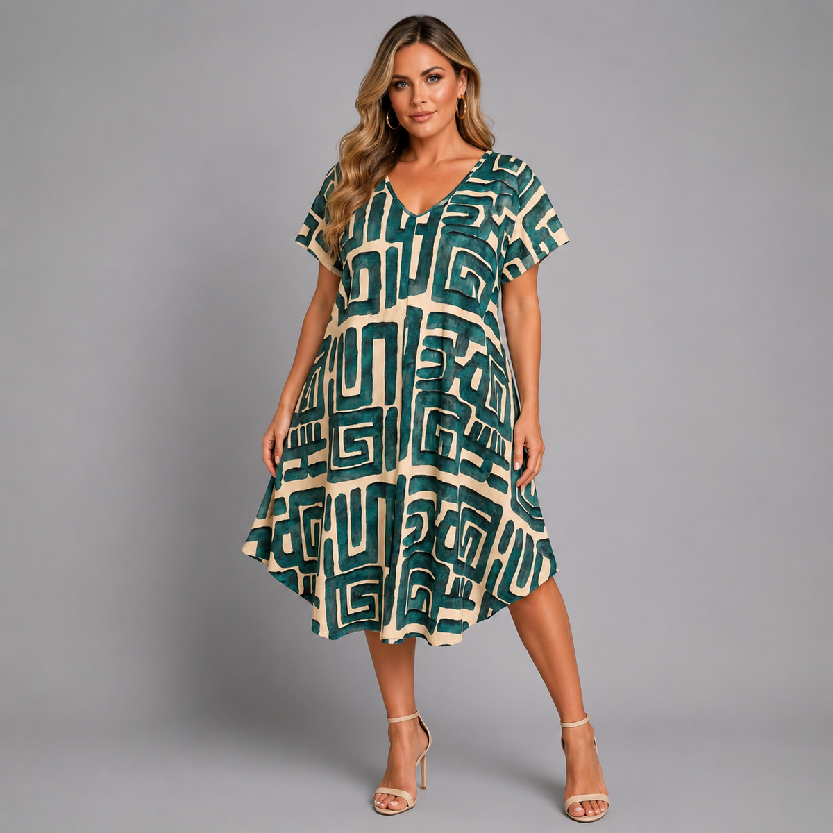Abstract Print Loose Fitting V Neck Dress