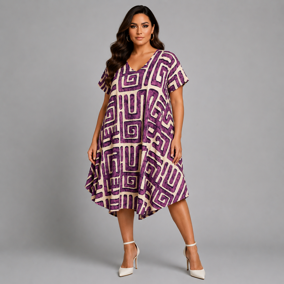 Abstract Print Loose Fitting V Neck Dress
