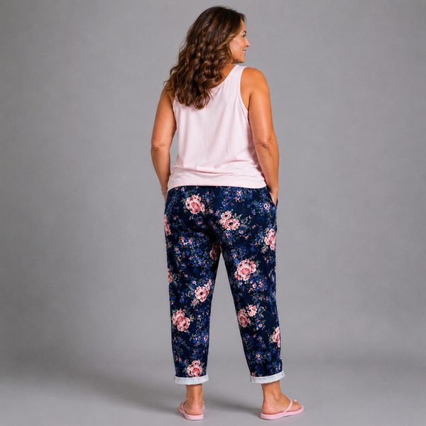 Navy Blue and Pink Floral Joggers with Pockets