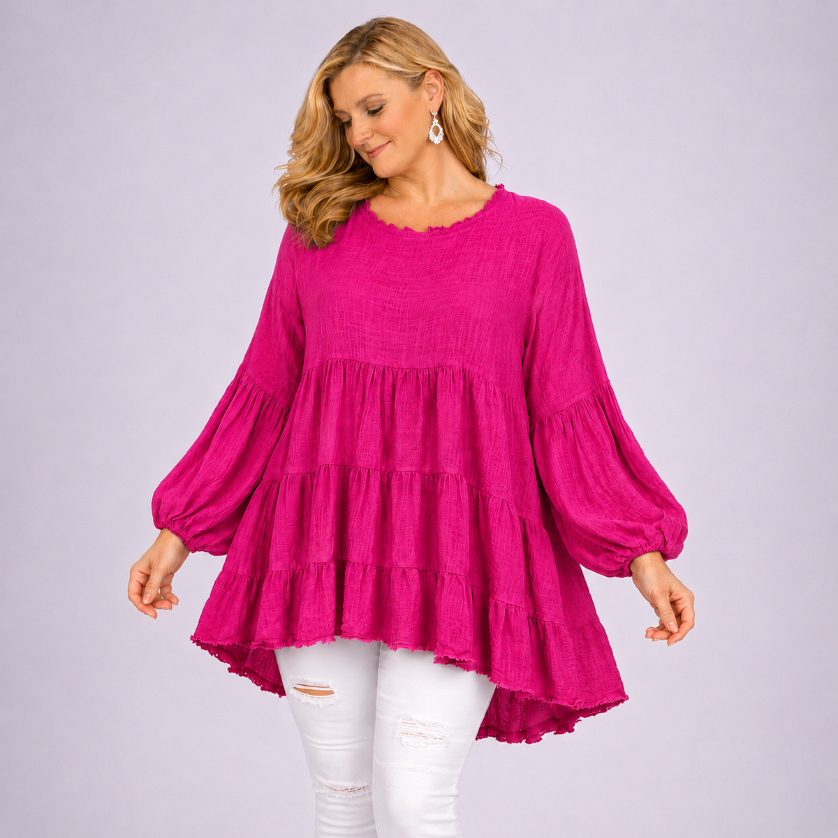 Pure Cotton Oversized Tunic Blouse with Balloon Sleeves