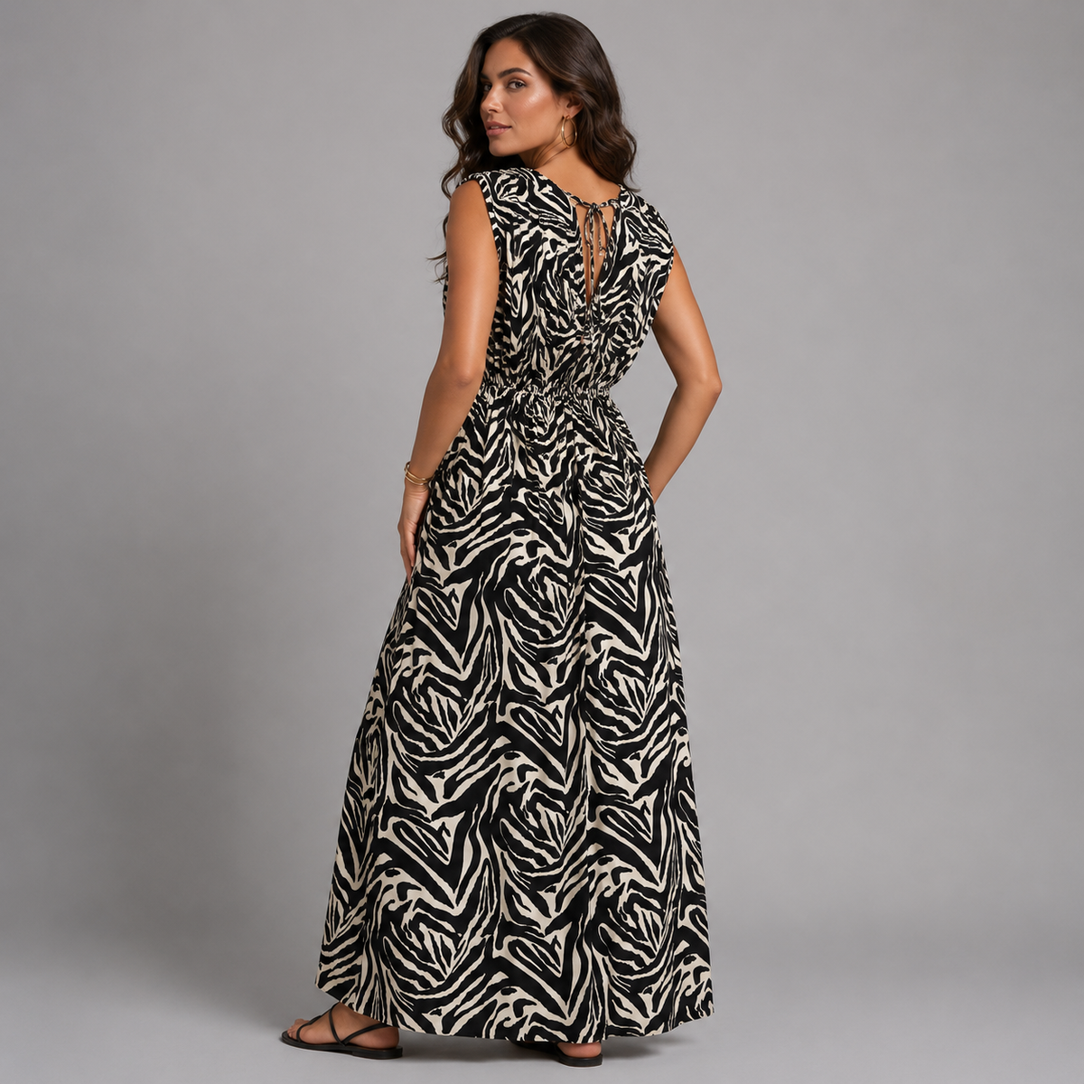 Zebra Print Sleeveless V Neck maxi Dress with side Pockets