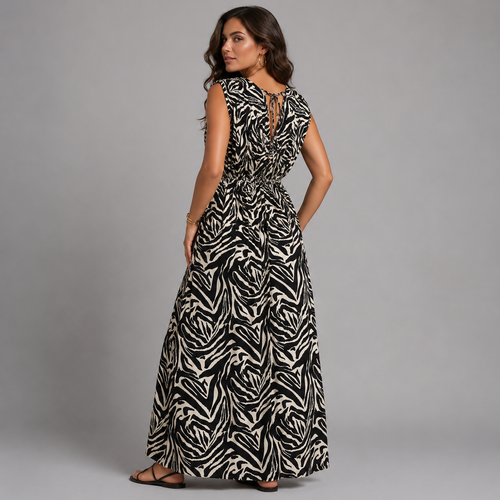 Zebra Print Sleeveless V Neck maxi Dress with side Pockets