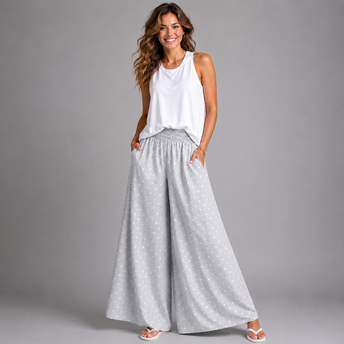 Polka Dot Wide Leg Palazzo Trousers with Pockets