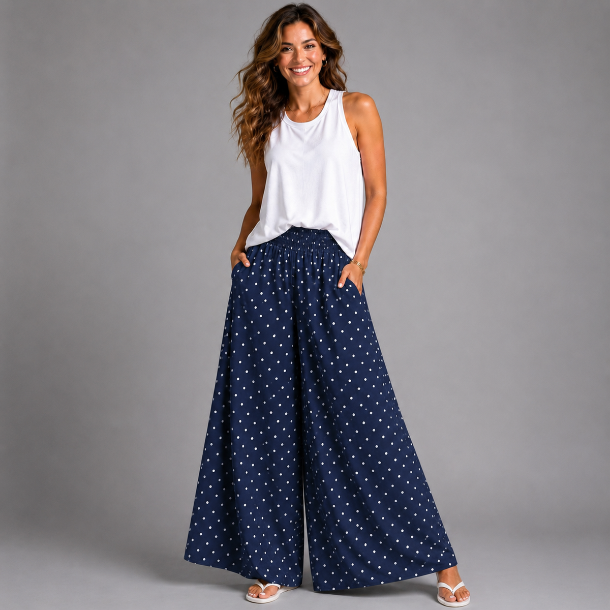 Polka Dot Wide Leg Palazzo Trousers with Pockets