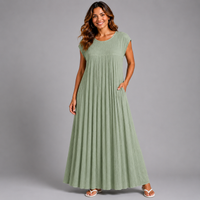 Pleated Cap Sleeve plain Maxi Dress