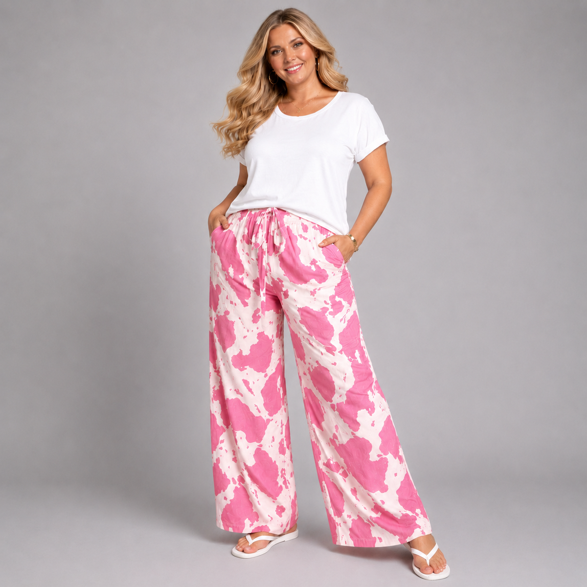 Cow Print Wide Leg Palazzo Trousers with Tie Belt