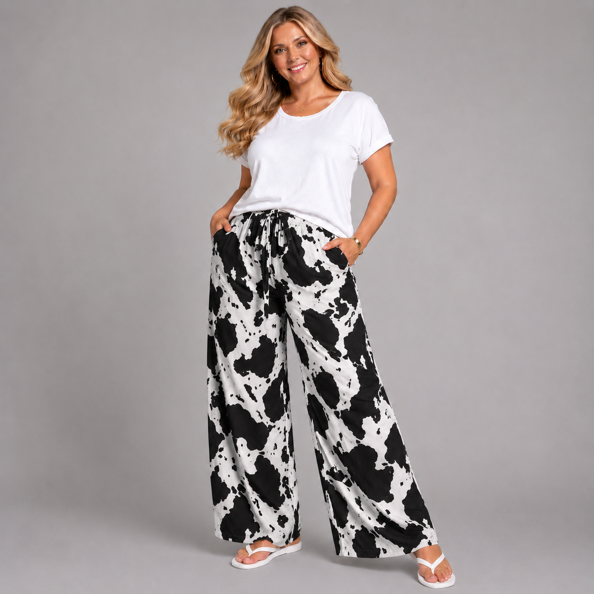 Cow Print Wide Leg Palazzo Trousers with Tie Belt