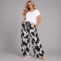 Cow Print Wide Leg Palazzo Trousers with Tie Belt