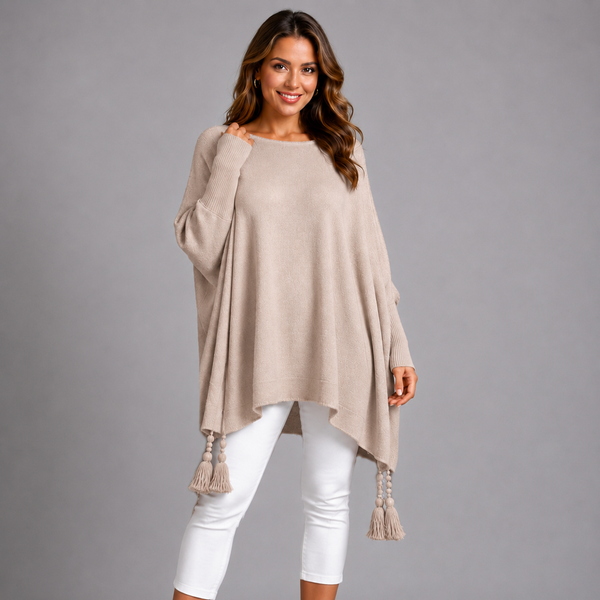 Slash Neck Oversized Jumper with Tassel Detail