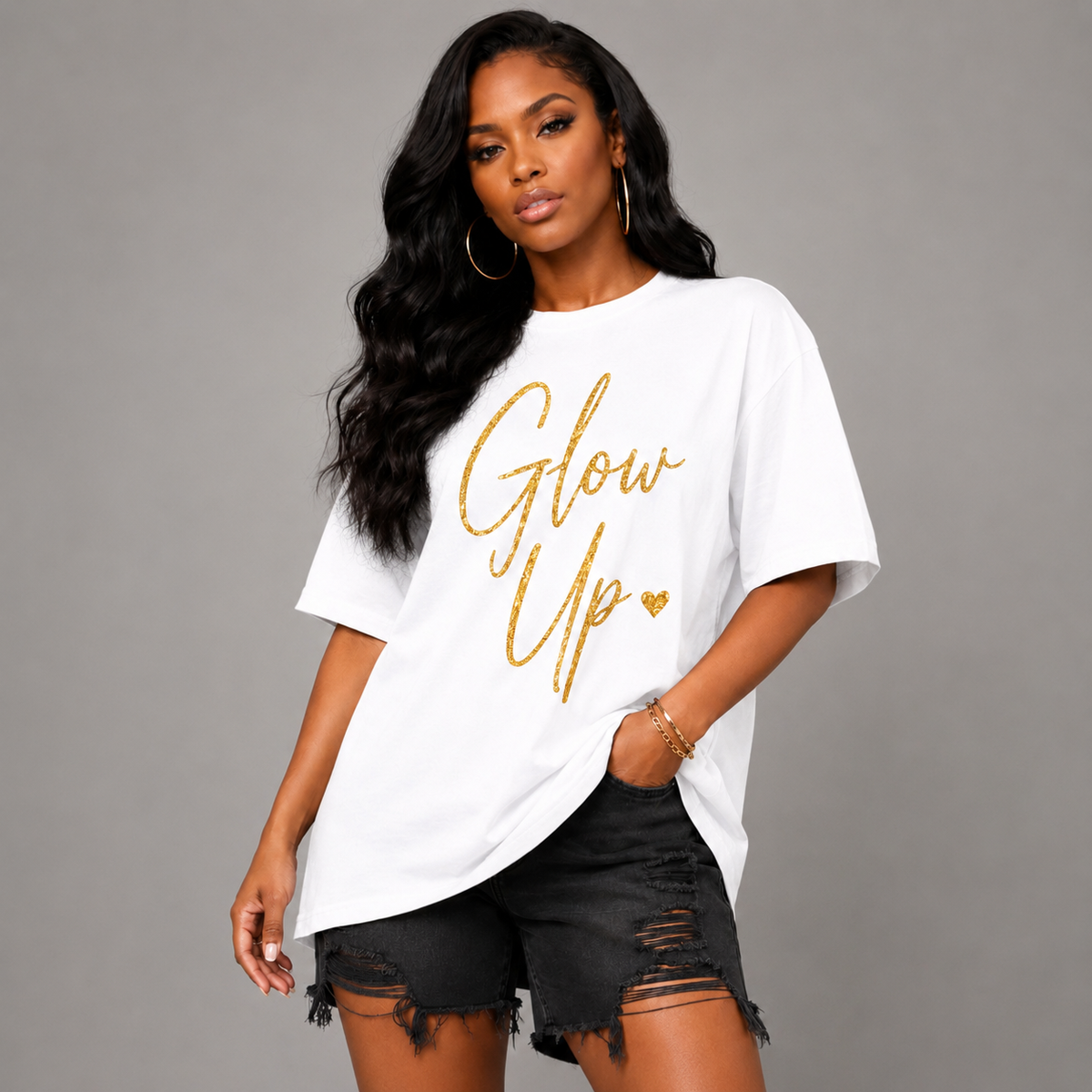 Long T-shirt with Gold Glow Up Print
