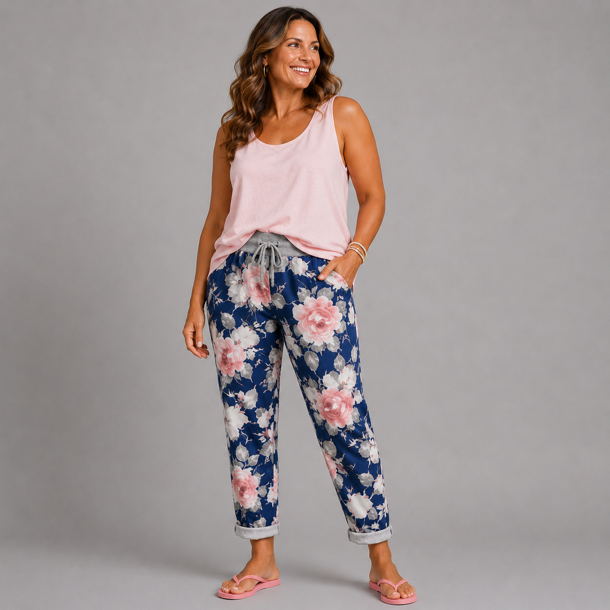Navy Pink Floral Joggers with Pockets