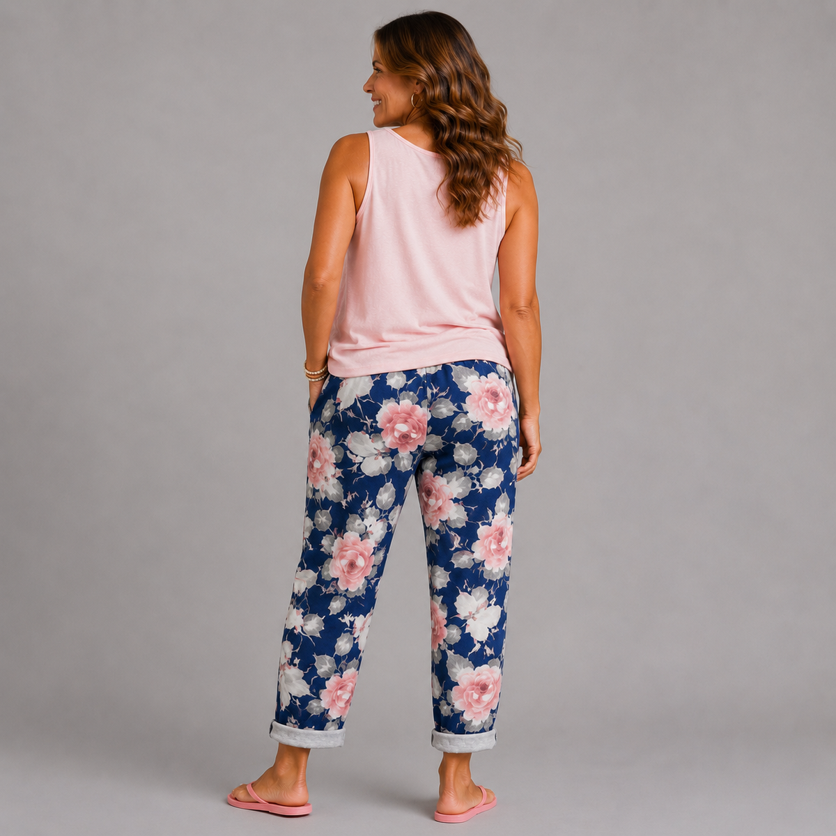 Navy Pink Floral Joggers with Pockets