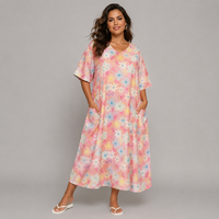 Floral Linen Loose Fitting Dress with Pockets