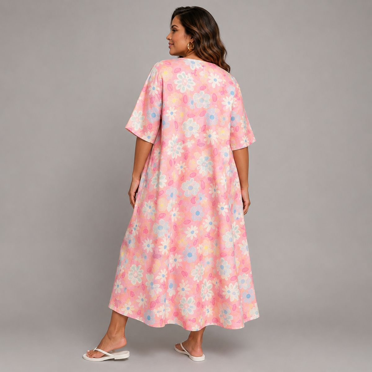 Floral Linen Loose Fitting Dress with Pockets