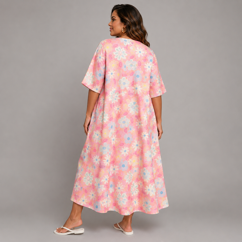 Floral Linen Loose Fitting Dress with Pockets