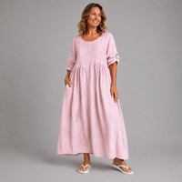 Button Sleeve 100% Linen Dress with Pockets
