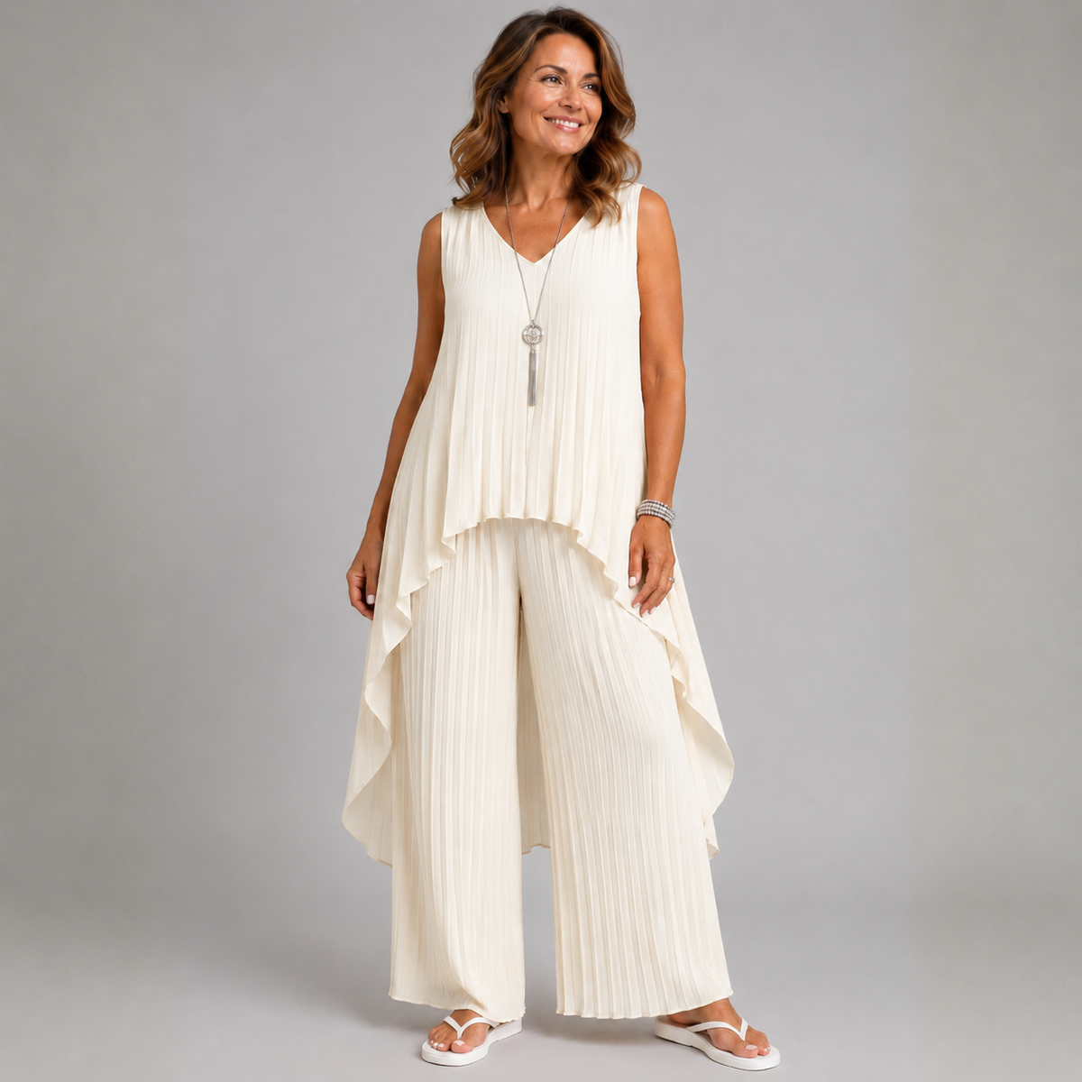 Pleated 2 Piece Outfit Set with Long Dipped Hem