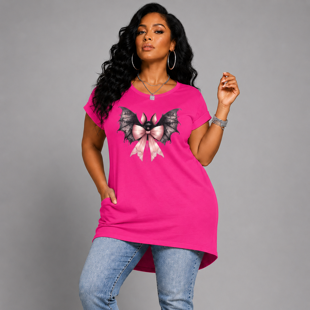 Bat + Bow Long Pocket T-Shirt with Dipped Hem