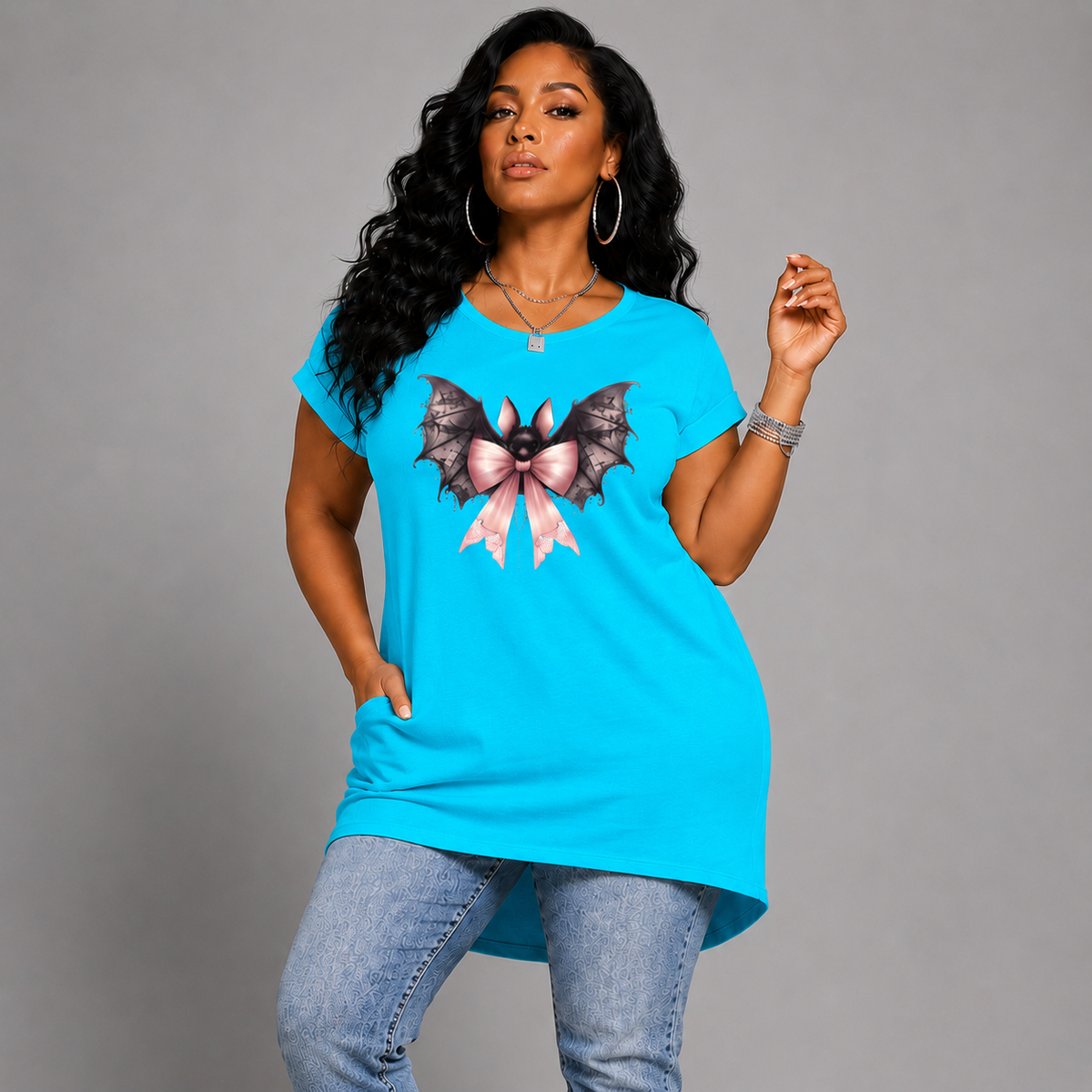 Bat + Bow Long Pocket T-Shirt with Dipped Hem