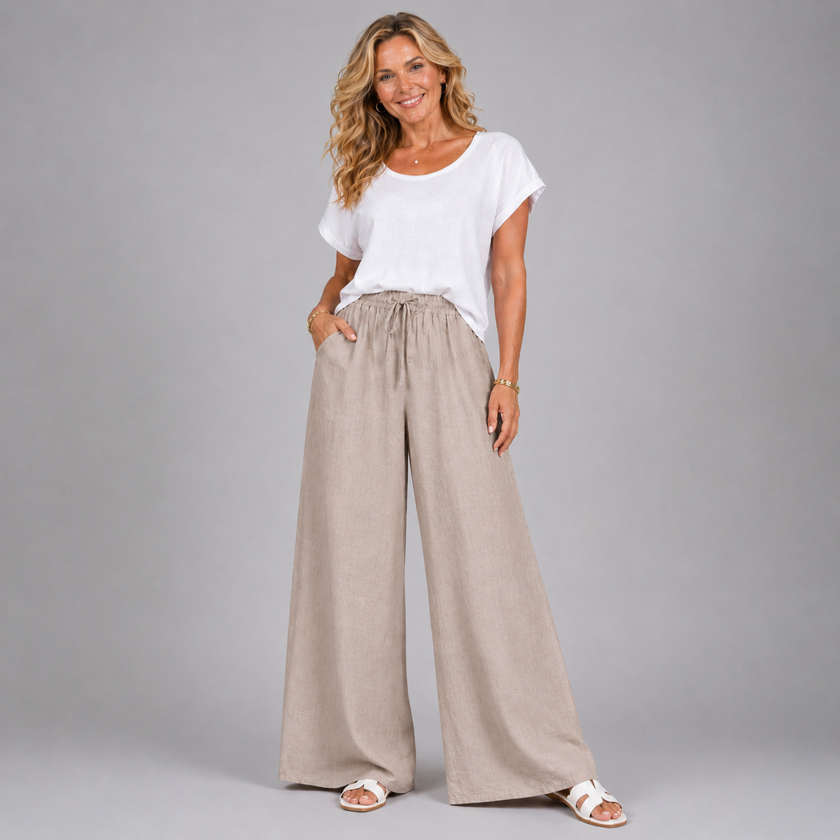 Linen Style Elastic Waist Palazzo Trousers with Pockets