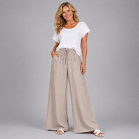 Linen Style Elastic Waist Palazzo Trousers with Pockets