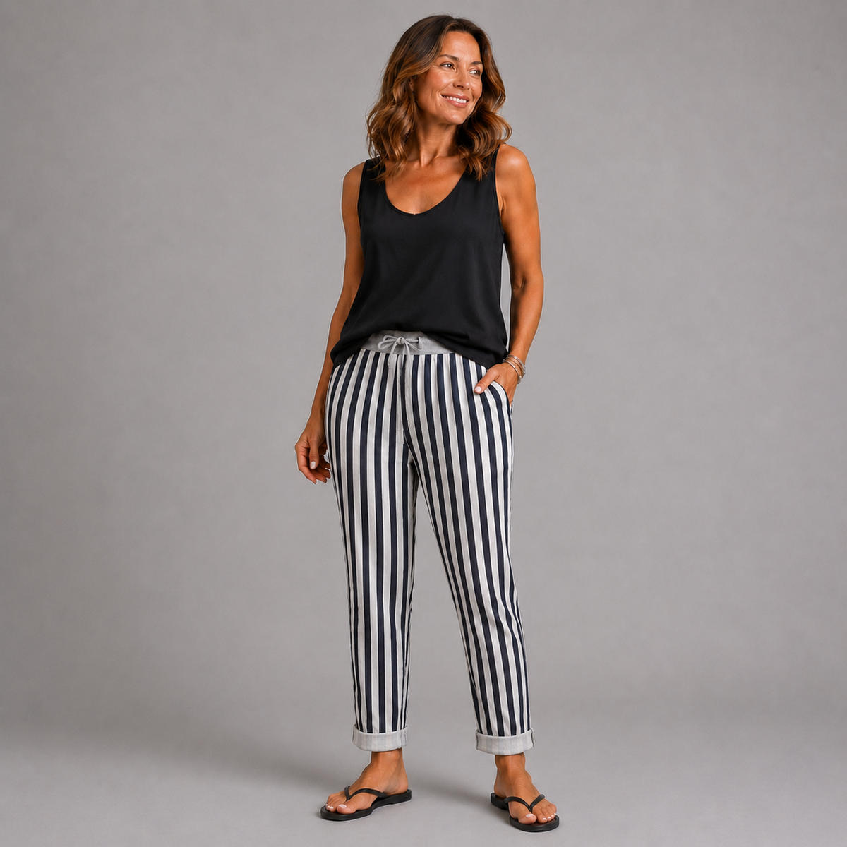 White Black Striped Joggers with Pockets