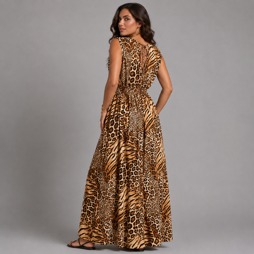Leopard Panel Sleeveless V Neck maxi Dress with side Pockets