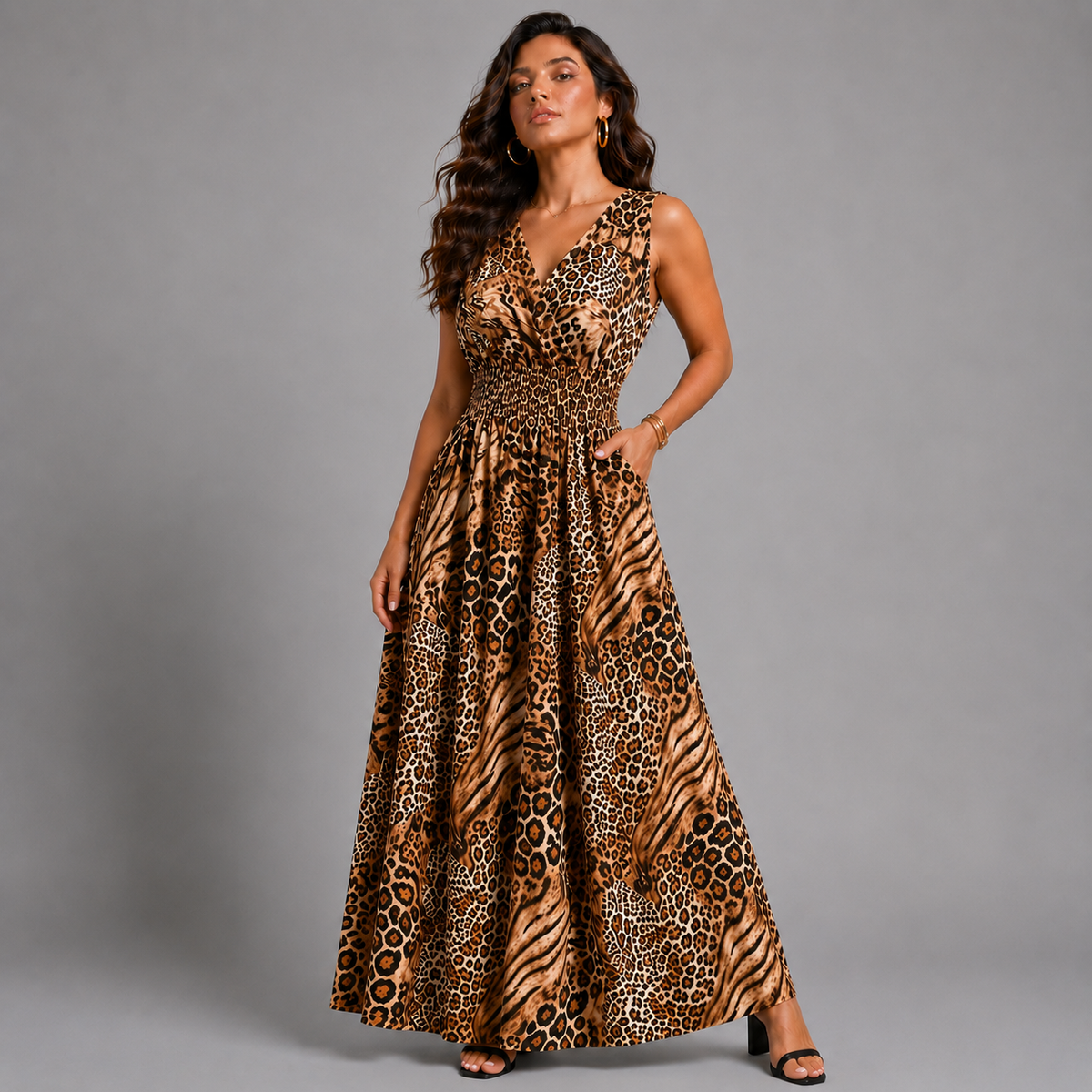 Leopard Panel Sleeveless V Neck maxi Dress with side Pockets