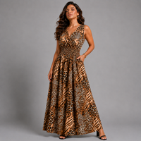 Leopard Panel Sleeveless V Neck maxi Dress with side Pockets