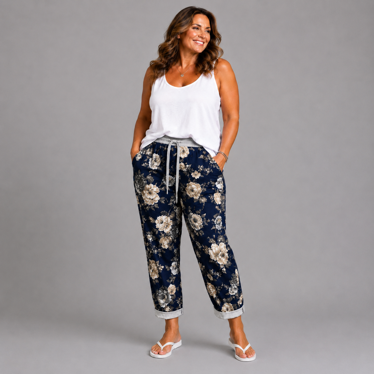 Black with Grey Floral Print Joggers with Pockets