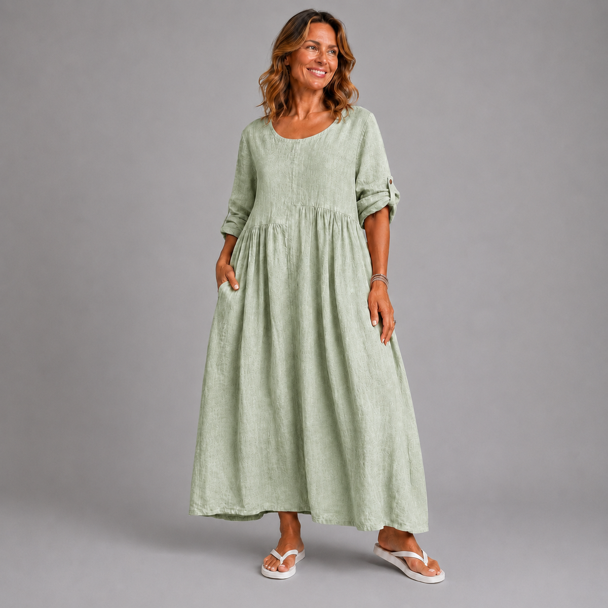 Button Sleeve 100% Linen Dress with Pockets