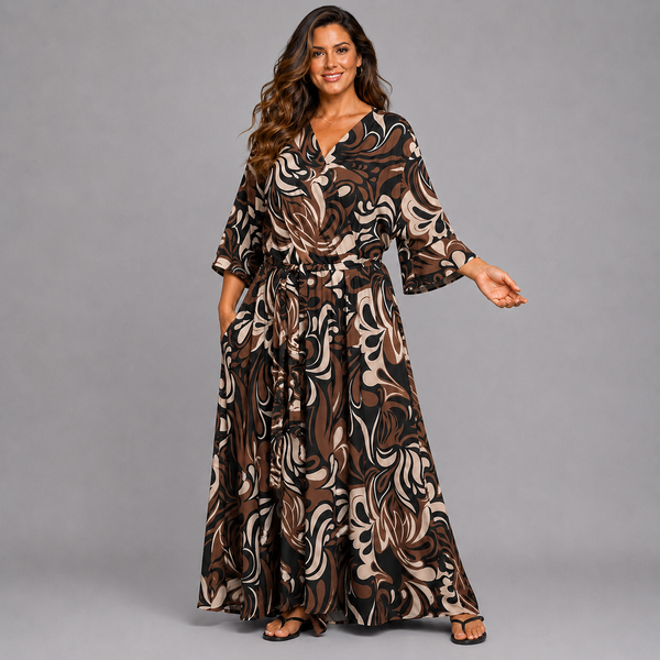 Abstract Mock Wrap Maxi Dress with Bell Sleeves