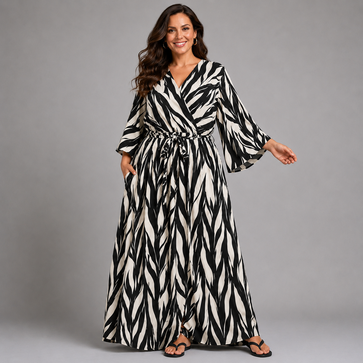 Striped Mock Wrap Maxi Dress with Bell Sleeves