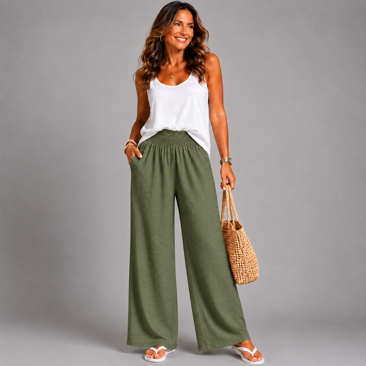 High Smock Waist Wide Leg Trousers With Pockets