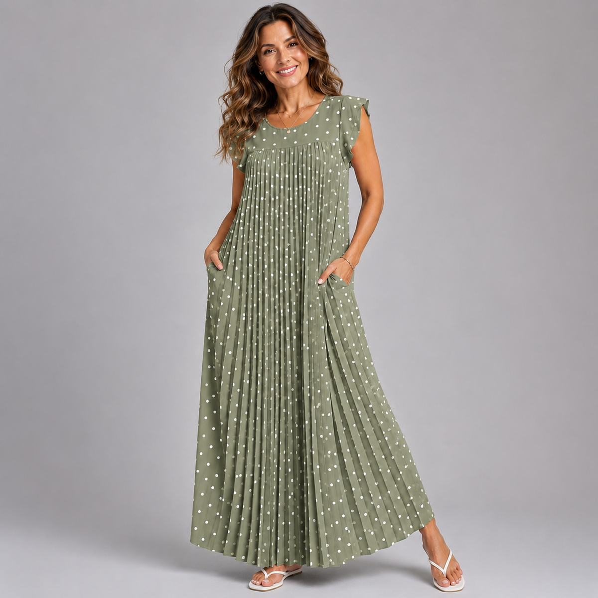 Pleated Polka Dot Print Maxi Dress