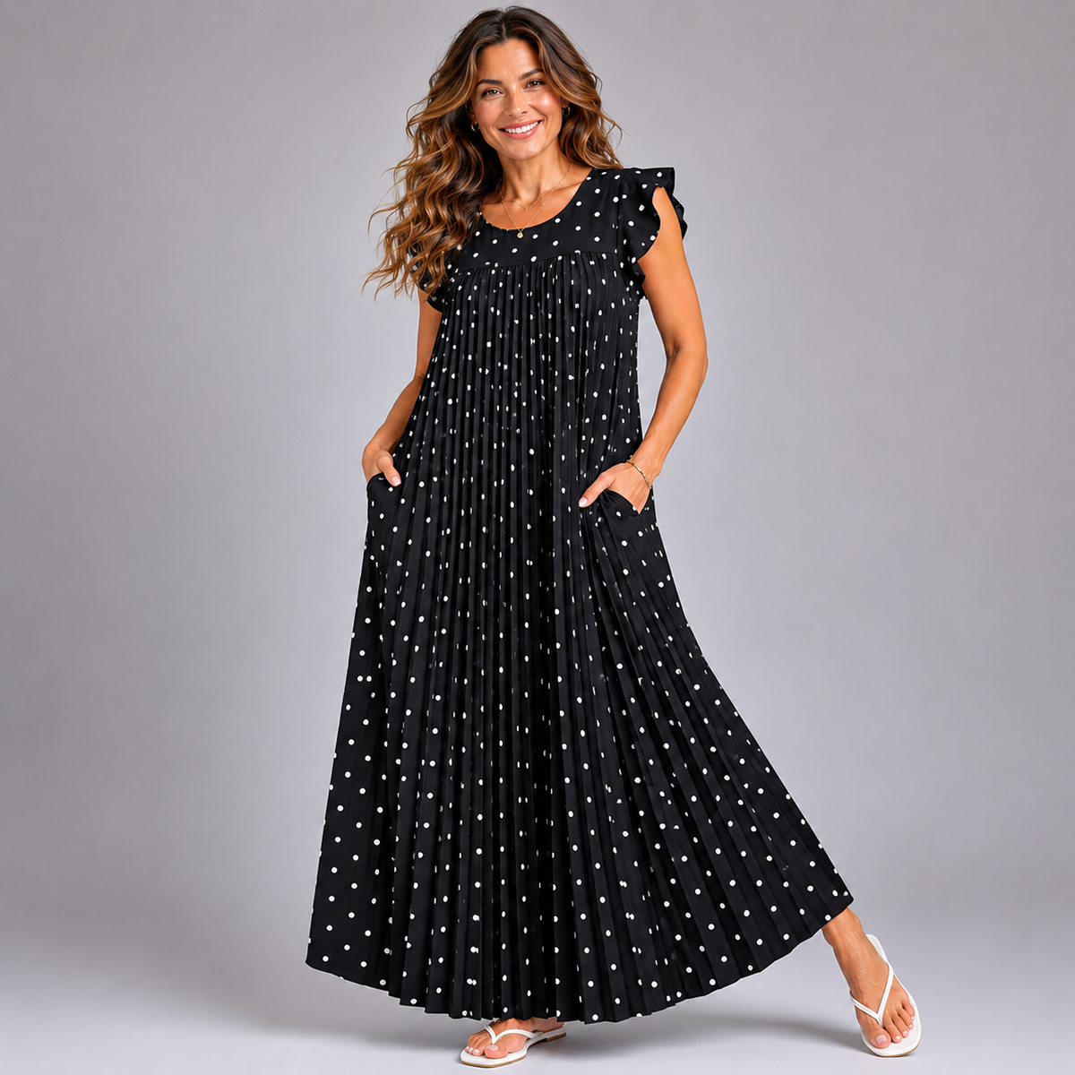 Pleated Polka Dot Print Maxi Dress