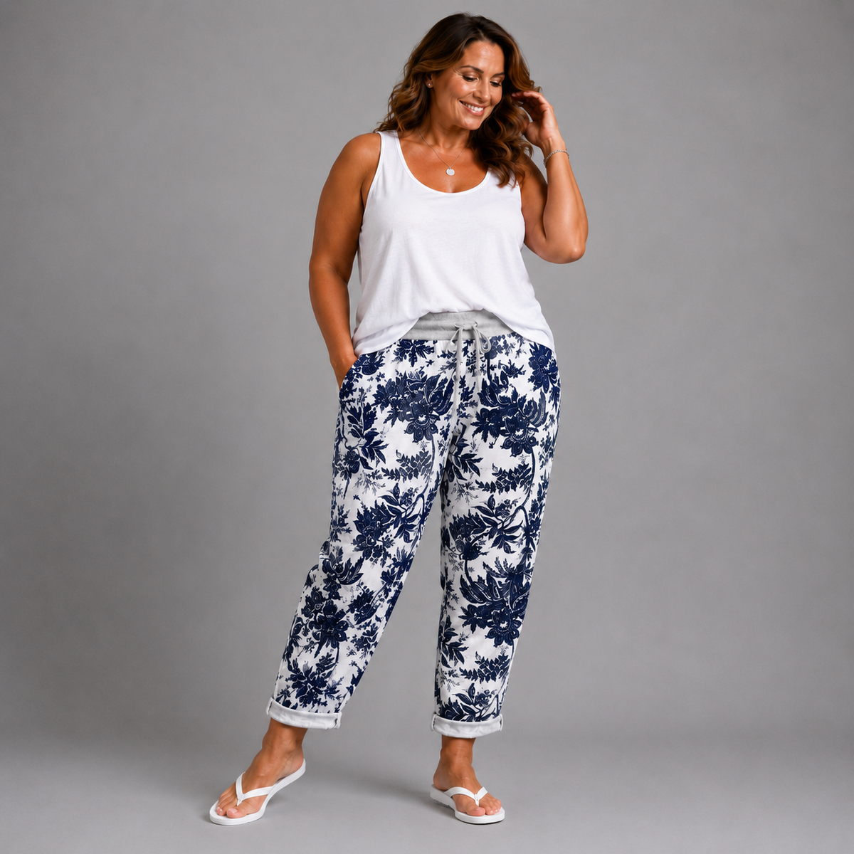 Navy and White Palm Leaf Joggers with Pockets