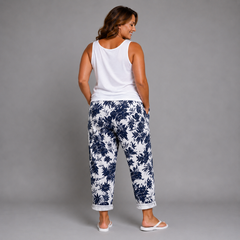 Navy and White Palm Leaf Joggers with Pockets