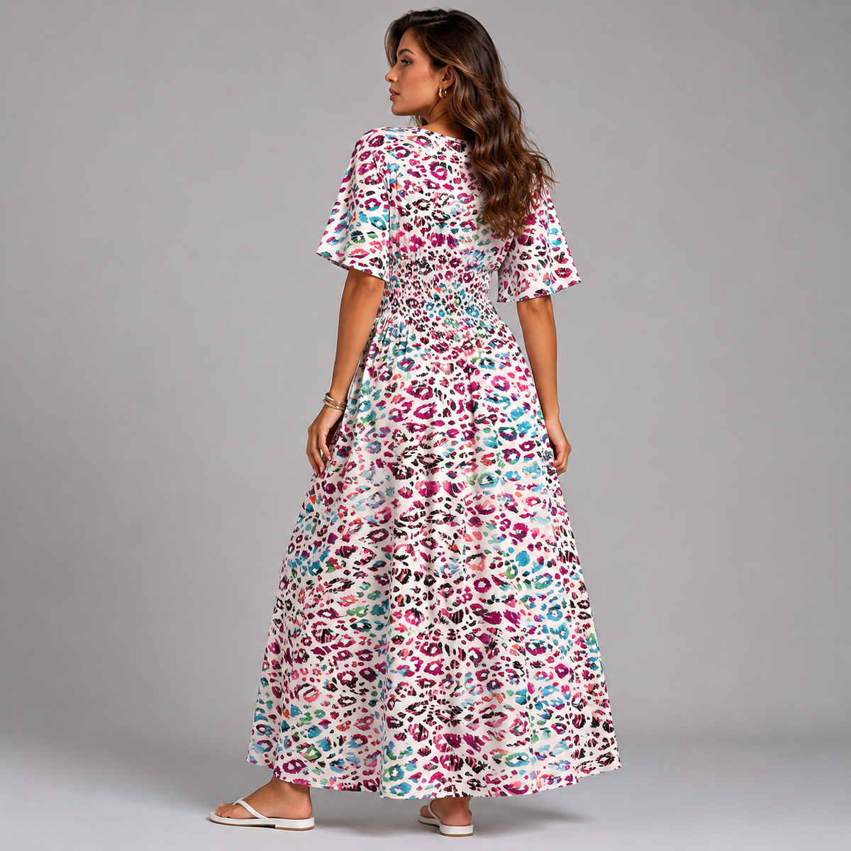 Cream Multi V-Neck Smocked Elastic Waist Maxi Dress