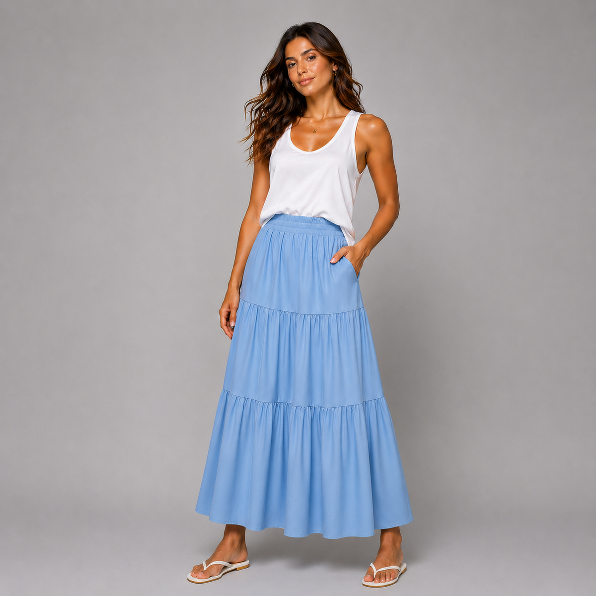 Smocked Elastic Waist layered Maxi Skirt