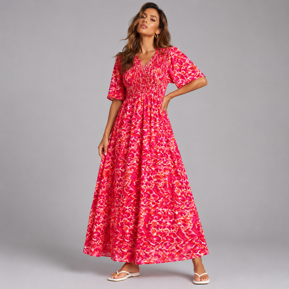 Bright Leopard Print V Neck Smocked Maxi dress
