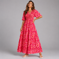 Bright Leopard Print V Neck Smocked Maxi dress