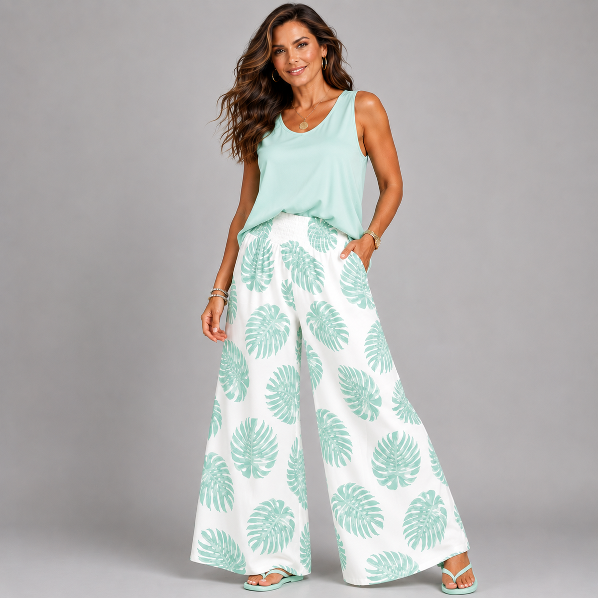 Leaf Print Palazzo Trousers