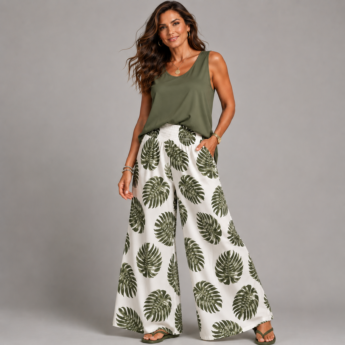Leaf Print Palazzo Trousers