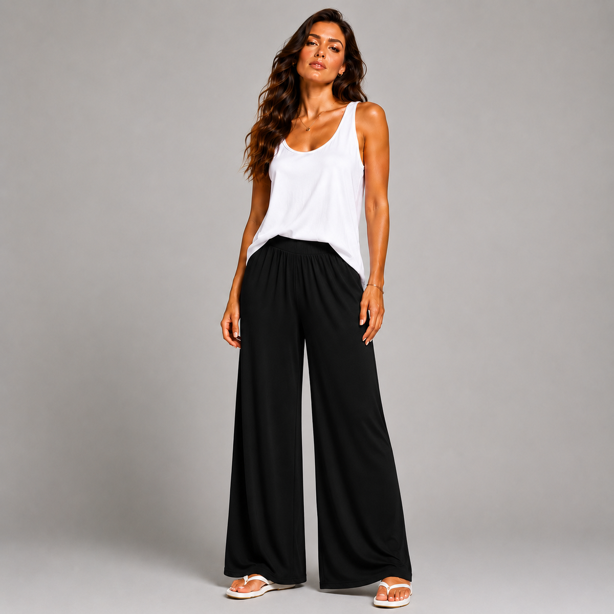 Plain Elasticated Waist Wide Leg Palazzo Trousers