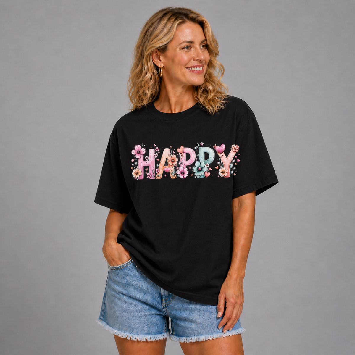 Long T-shirt with Happy flower Print to Front and Back